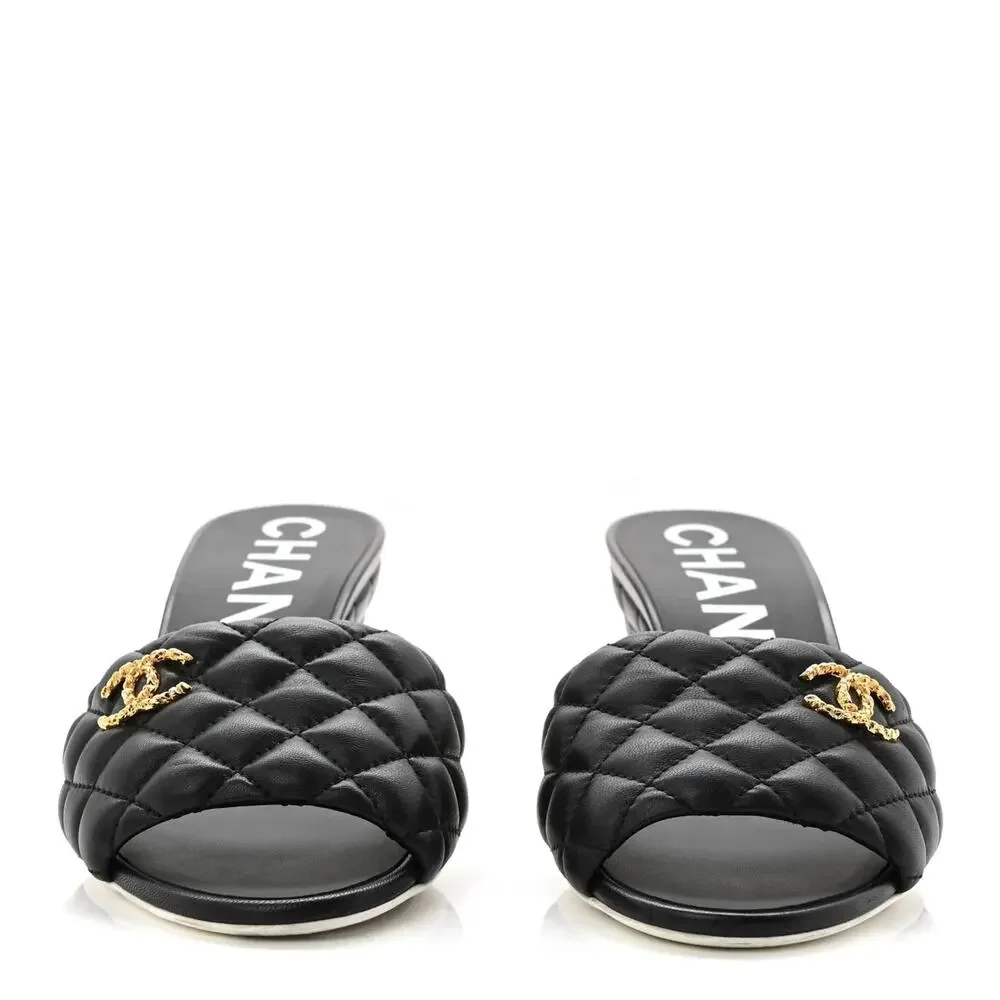 Chanel Lambskin Quilted Textured CC Cone Heel Mule Sandals Black EU 37.5